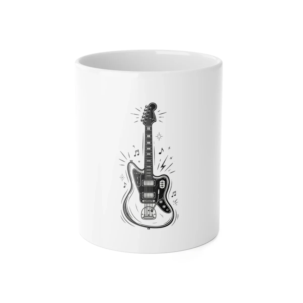 Guitar Closes Deals Mug — white ceramic mug with a black line-art guitar design