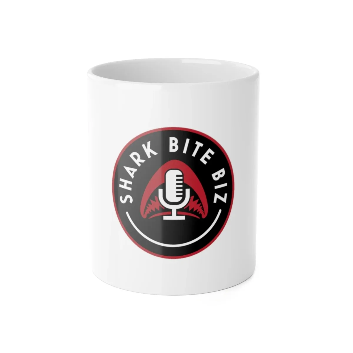 Learn to Bite First Mug — white ceramic mug with the official Shark Bite Biz circular shark-jaws logo