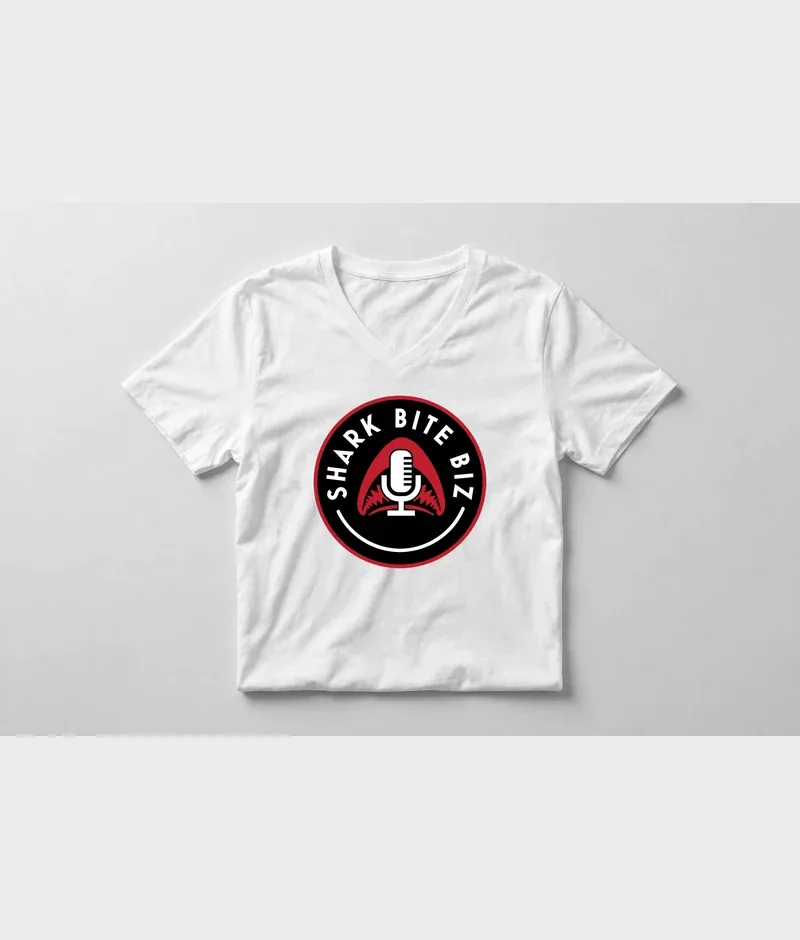 Shark Bite Biz white v-neck — white v-neck shirt with the official Shark Bite Biz logo