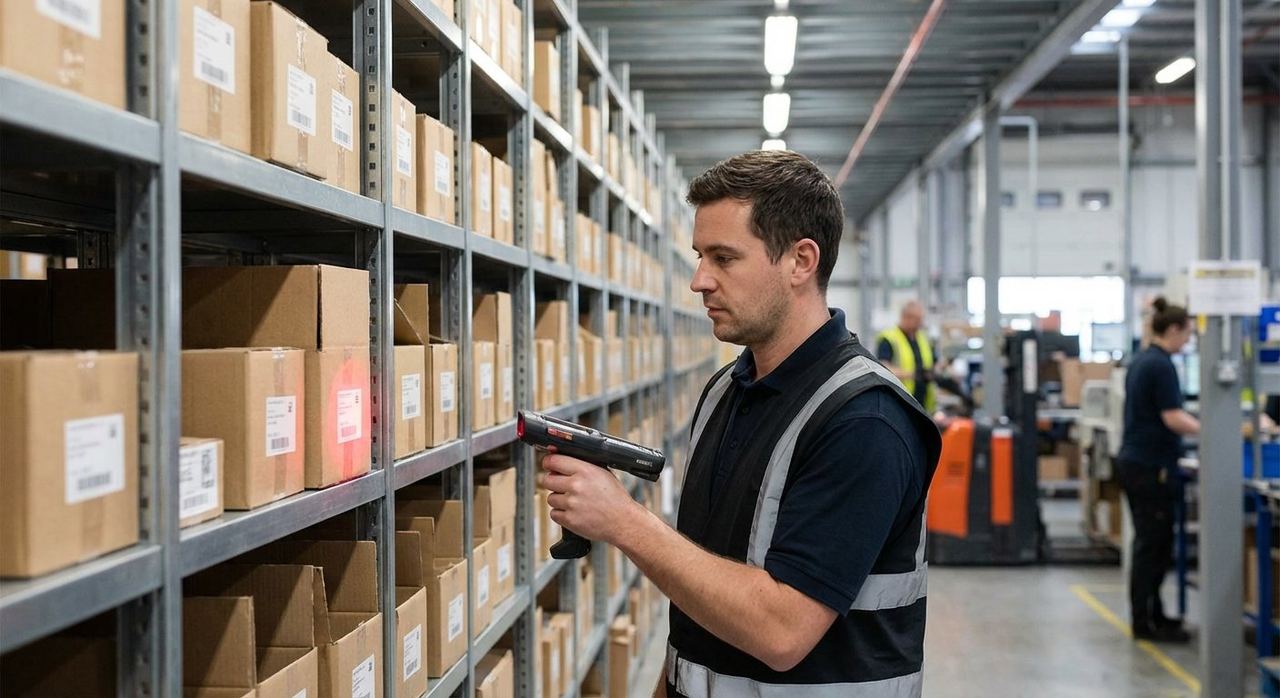 Warehouse worker scanning inventory with a handheld device