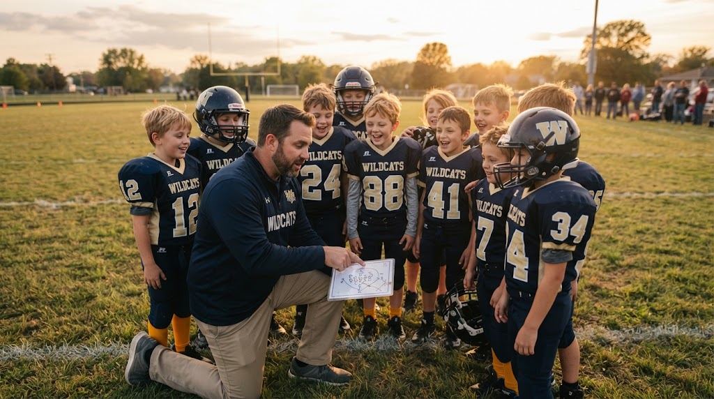 Youth football coach kneeling in a huddle of young kids on a field at golden hour