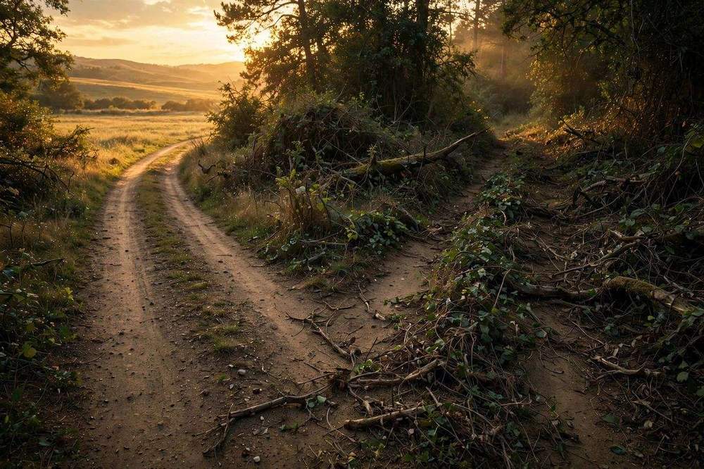 Fork in a road with one simple path and one tangled path, a business decision