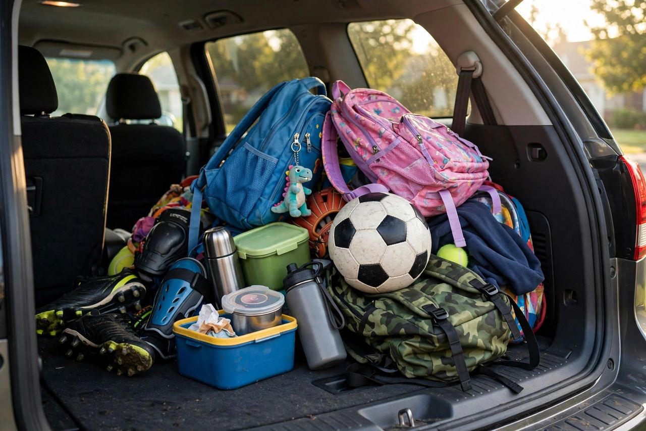 Car trunk packed with kids' sports gear: backpacks, soccer ball, cleats and water bottles