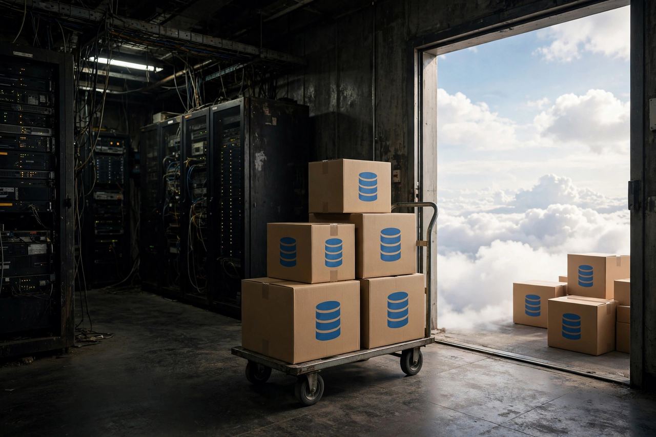 Moving boxes with database icons migrating from an old server room to the cloud