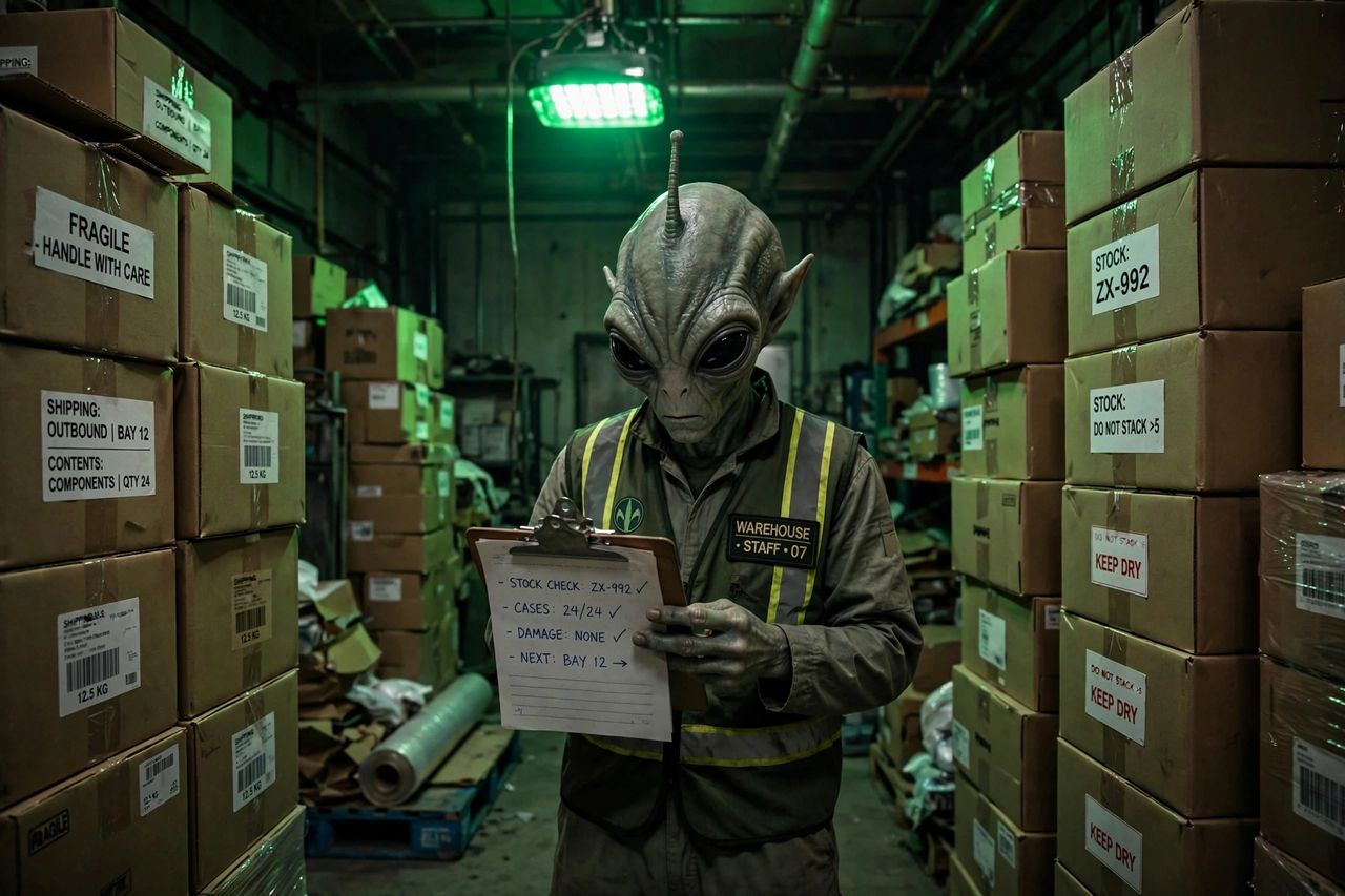 Alien warehouse worker reviewing a clipboard beneath a green light between stacked cartons