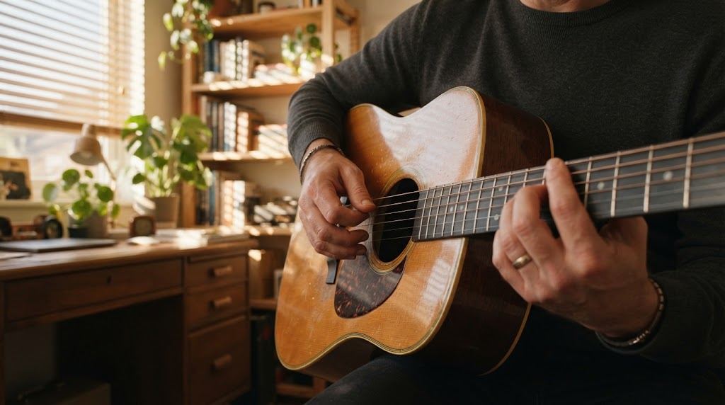 Close-up of hands strumming an acoustic guitar in morning sunlight