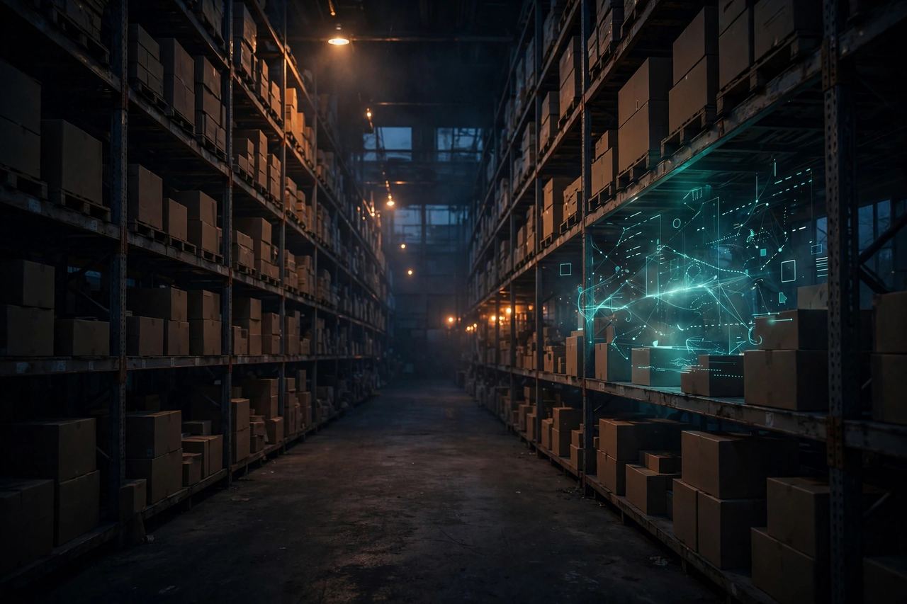 Warehouse aisle at dusk with an abstract holographic inventory overlay glowing over the shelves