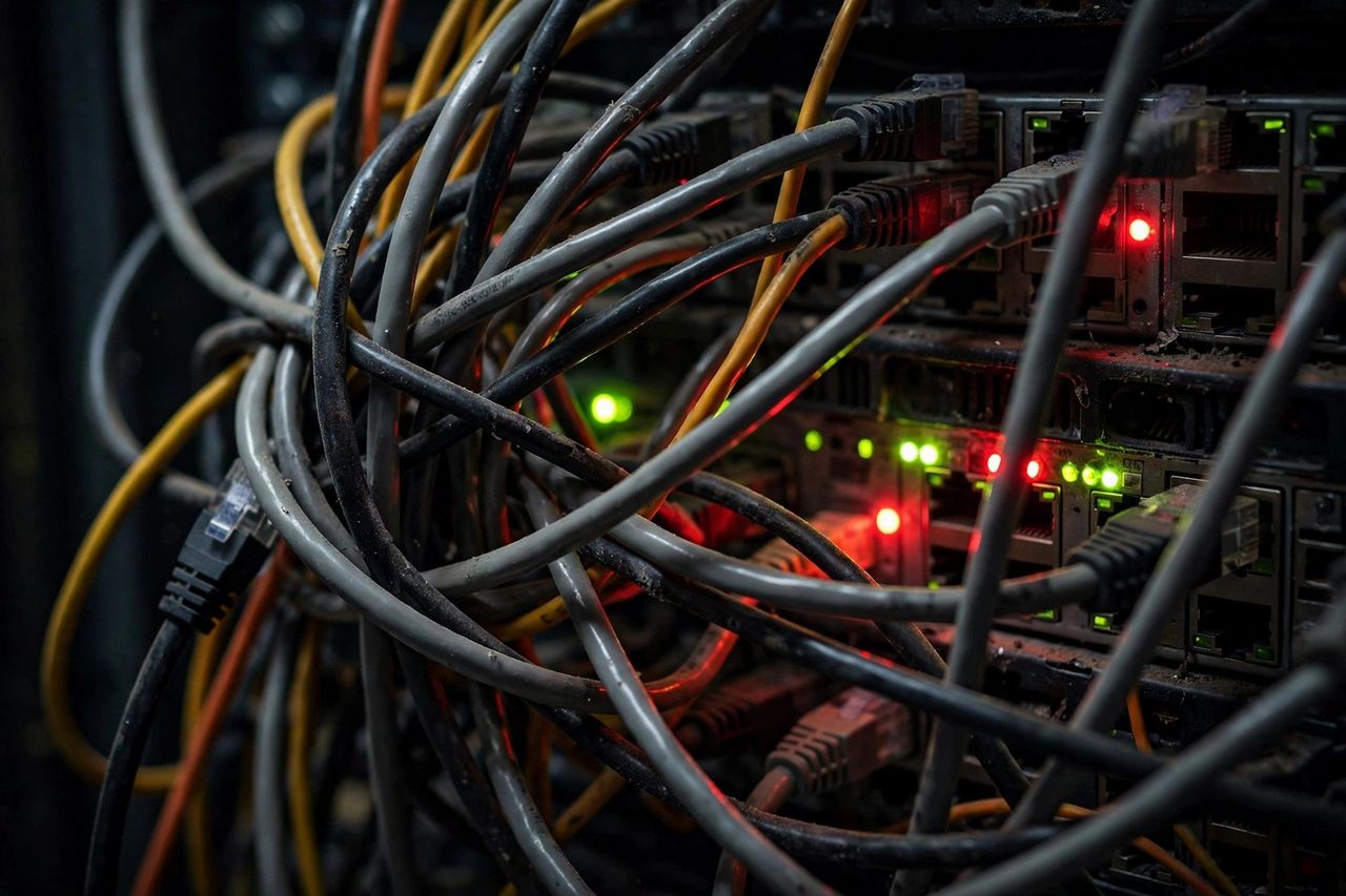 Tangled mess of network cables plugged into a switch with blinking red and green indicator lights