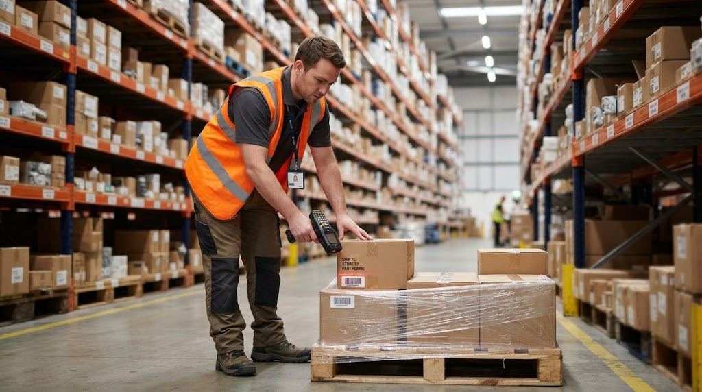 Warehouse worker scanning a pallet barcode with a handheld scanner in a bright aisle