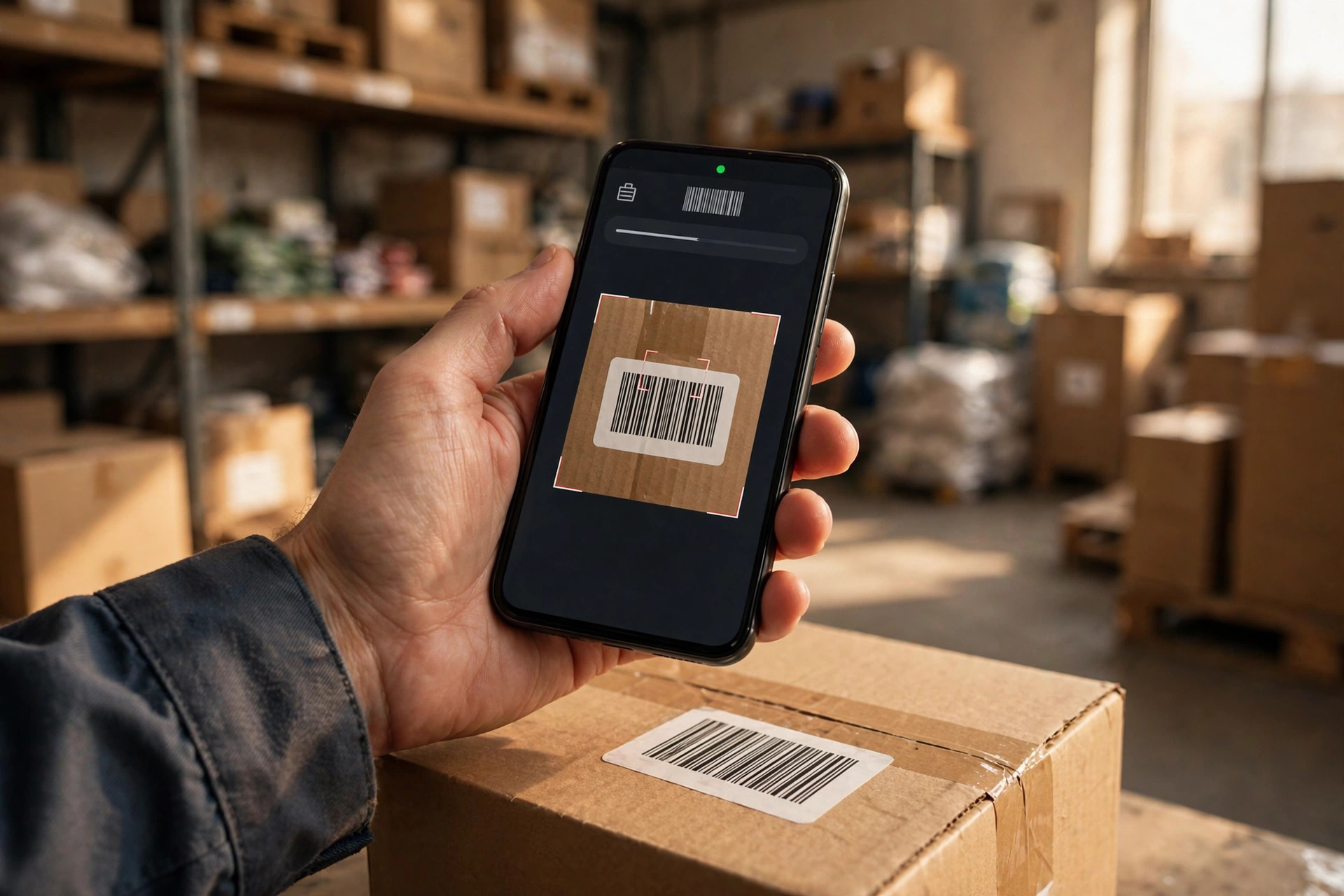Scanning a barcode with a smartphone in a warehouse