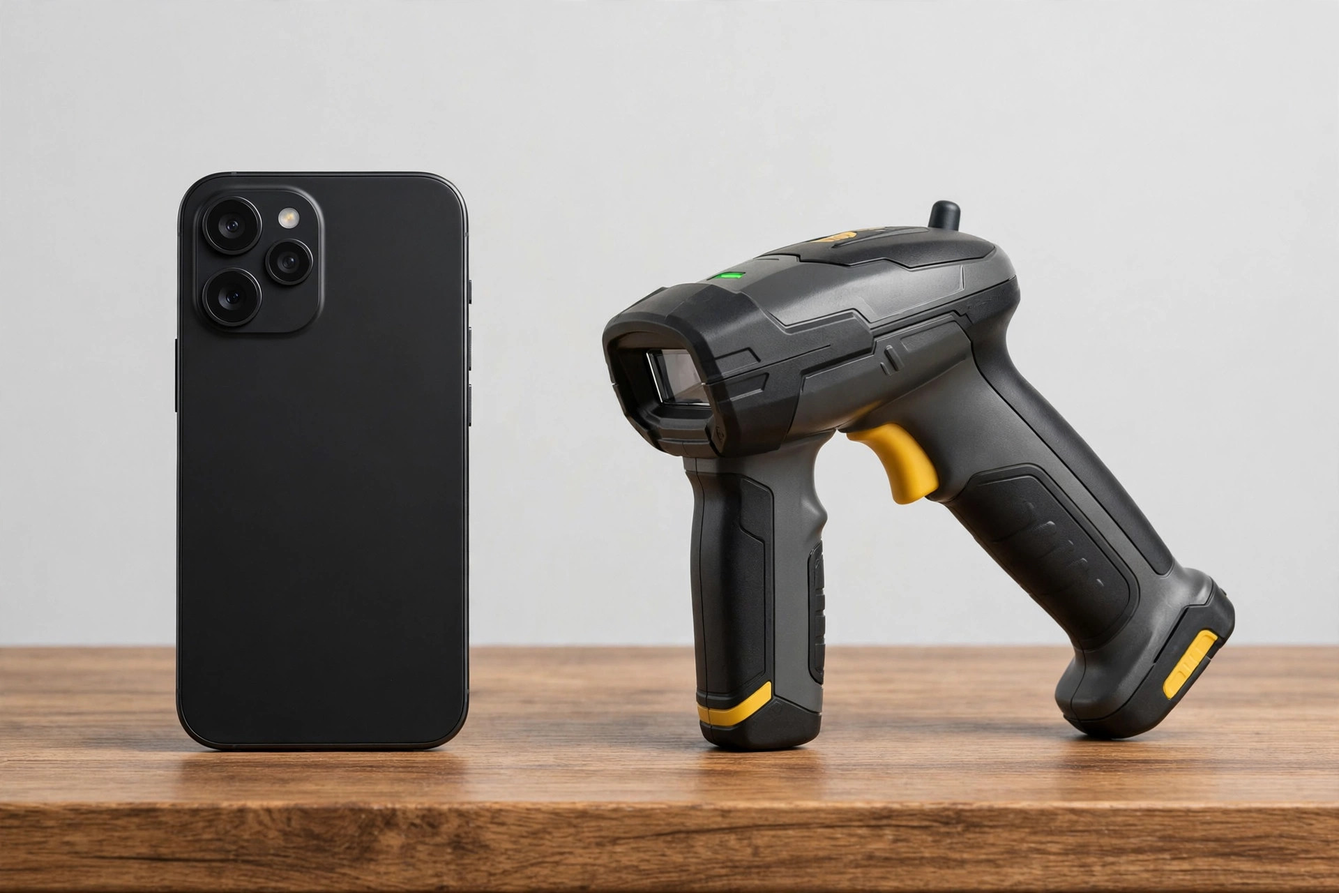 Smartphone next to expensive industrial barcode scanner