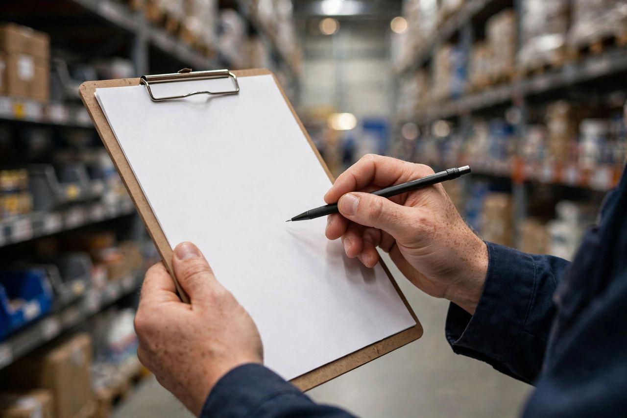 Hand holding a clipboard with a blank sheet and pen during a warehouse cycle count
