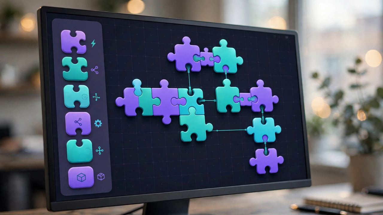 Computer monitor displaying 3D purple and teal puzzle pieces snapping together on a grid, symbolizing no-code app components clicking into place