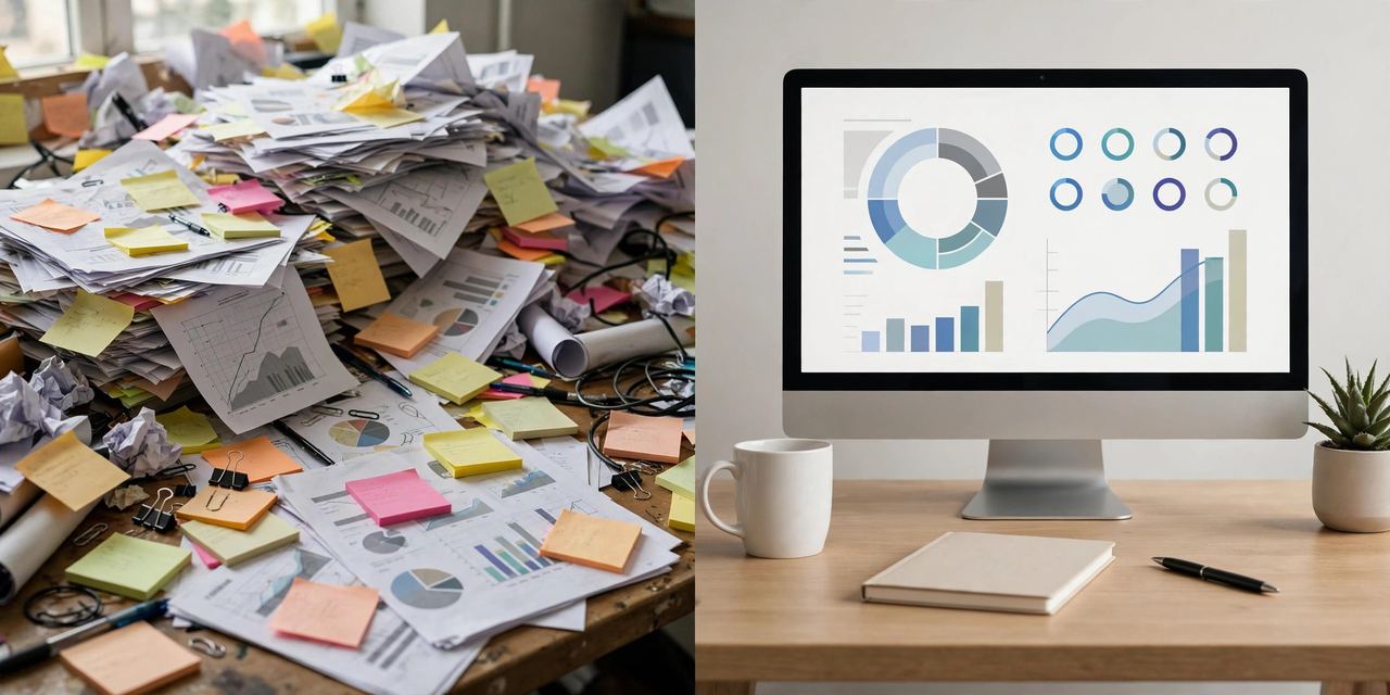 Chaotic desk of printed spreadsheets beside a clean modern dashboard