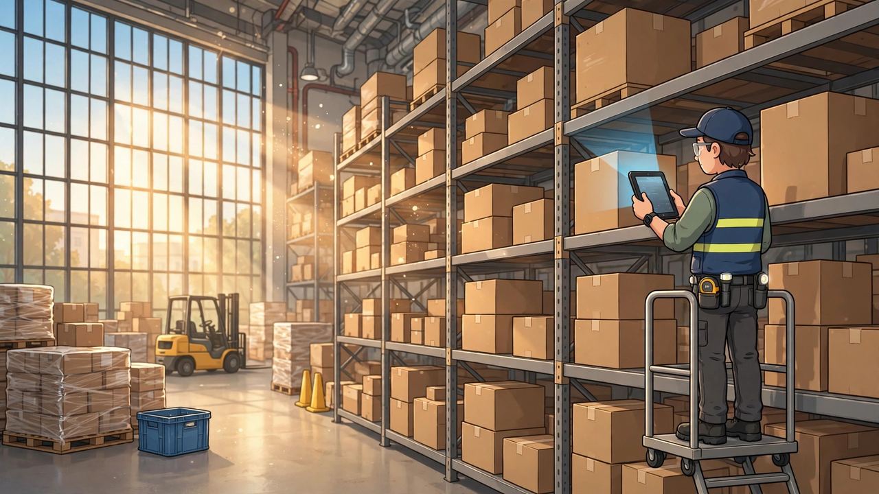 Warehouse worker doing a Saturday morning inventory cycle count with a tablet