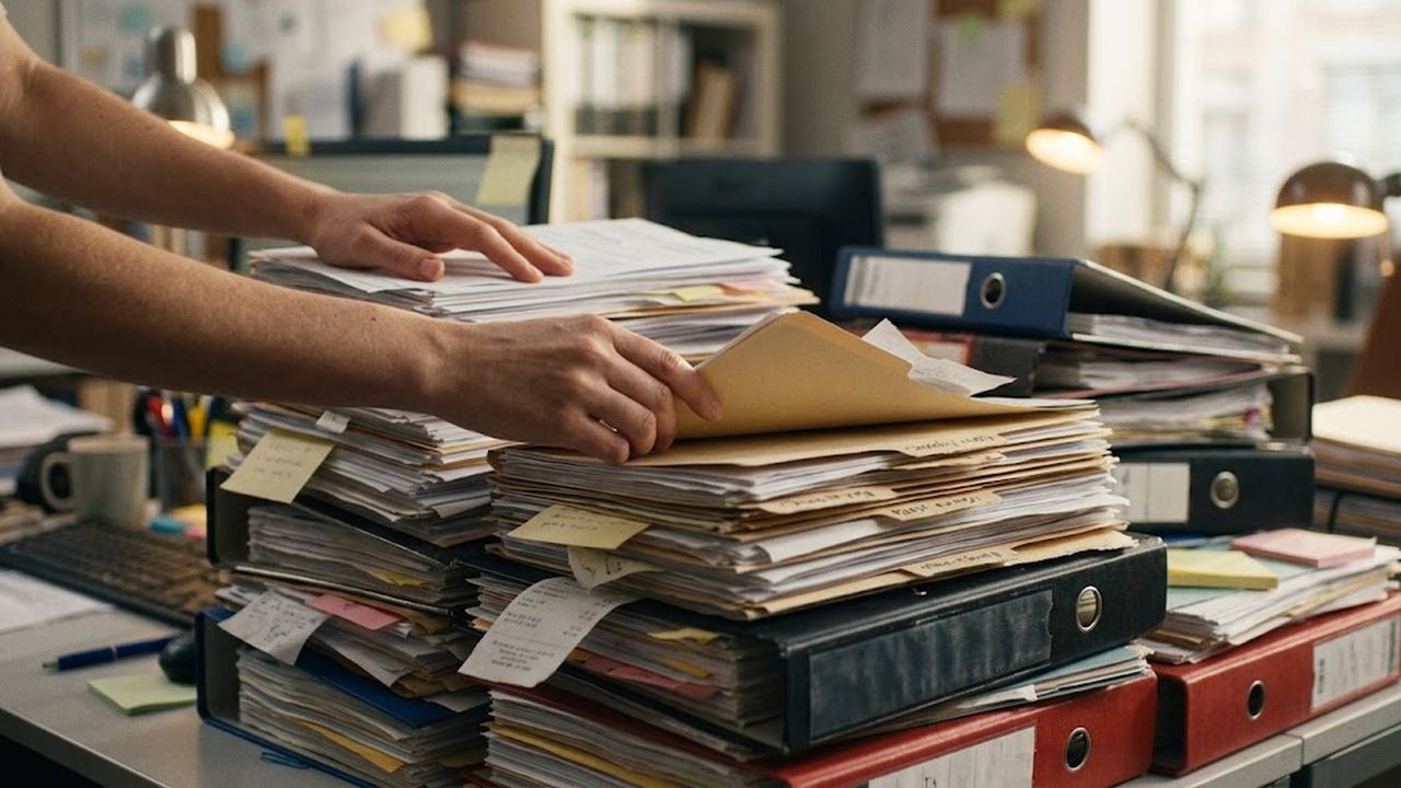 Hands sorting through towering stacks of paper folders and binders piled on a cluttered office desk