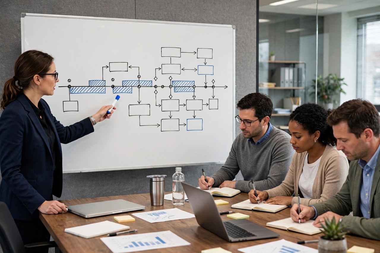 Woman presenting a project timeline flowchart on a whiteboard to three colleagues