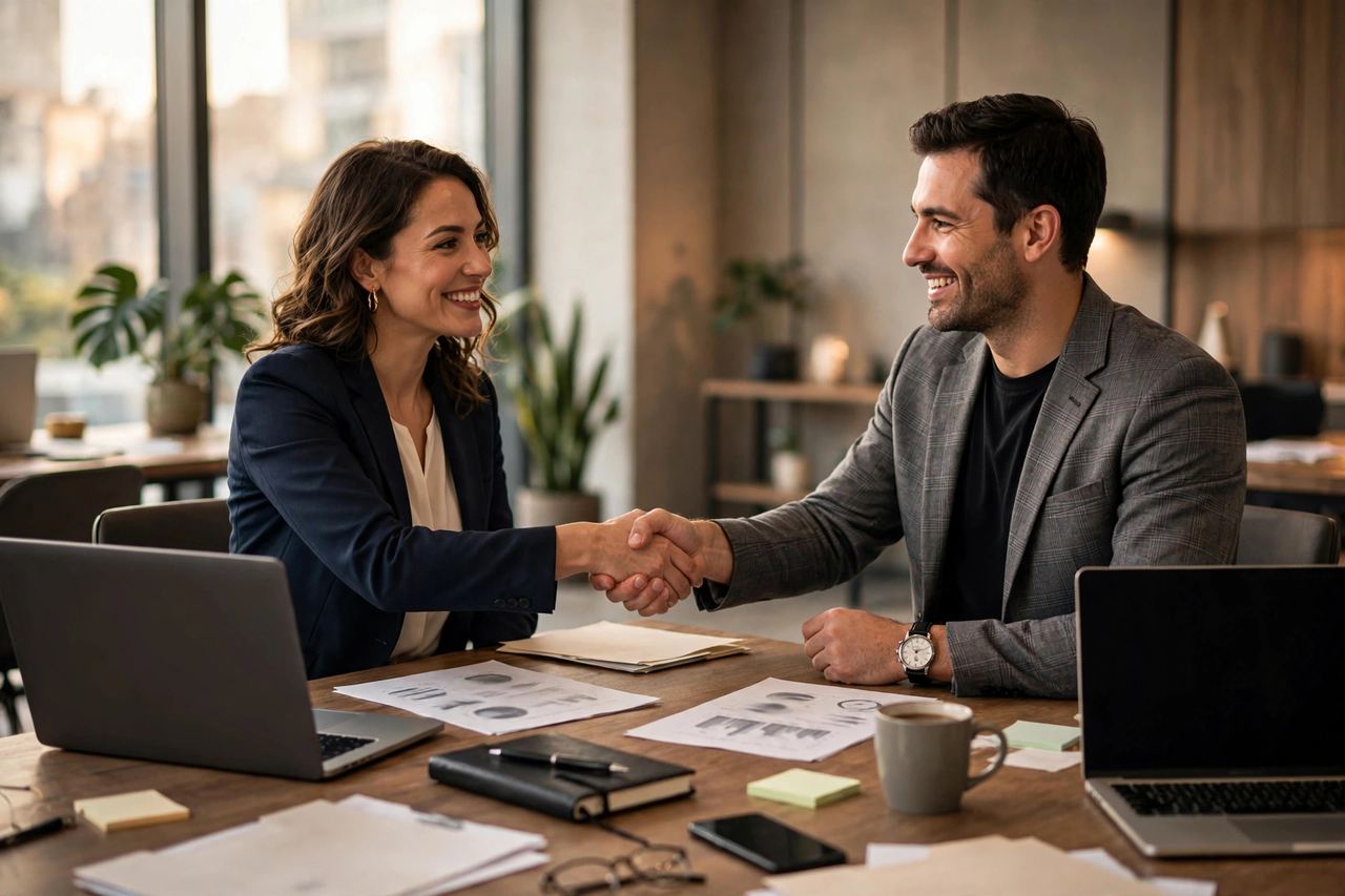 Consultant and client shaking hands over a desk of project documents and laptops