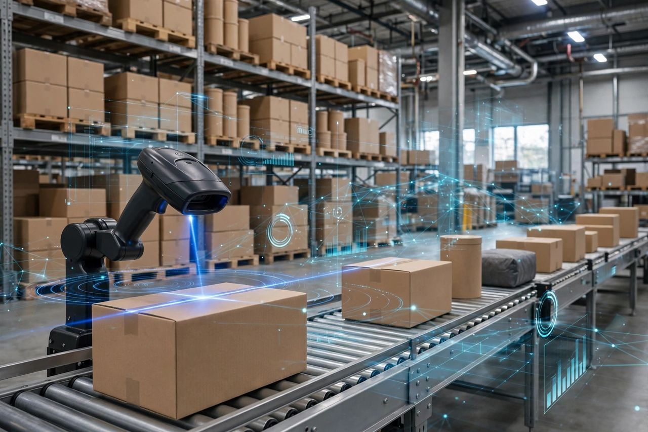 Barcode scanner scanning products in a modern warehouse