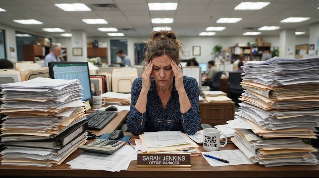 Office manager buried under a stack of paper purchase orders waiting for signatures