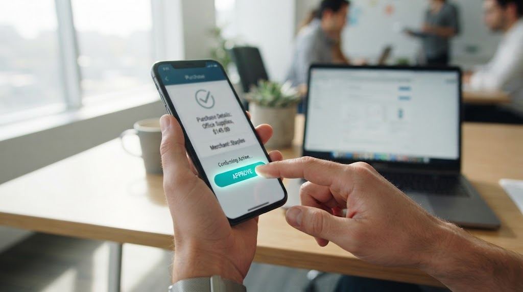 Hand tapping an approve button on a smartphone showing a purchase approval