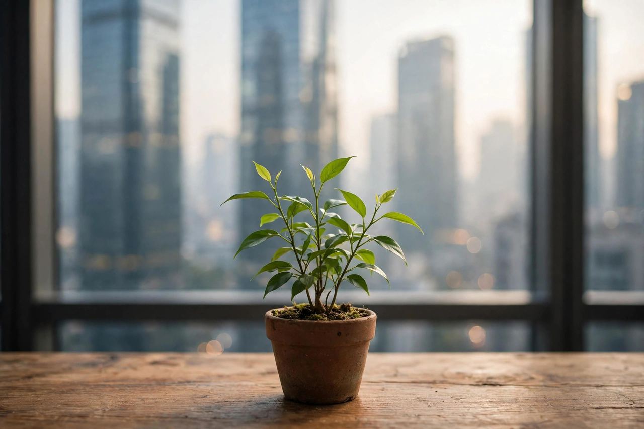 A small thriving potted plant on a desk with blurred glass skyscrapers behind, the small growing beside the giants