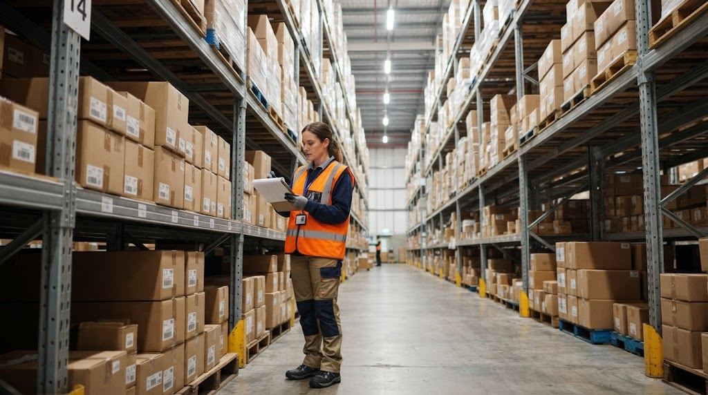 Warehouse worker with a clipboard doing year-end inventory count in a tall aisle