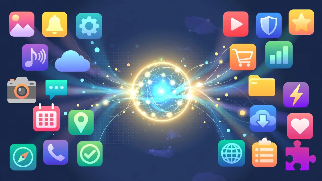 Many app icons merging into one central hub