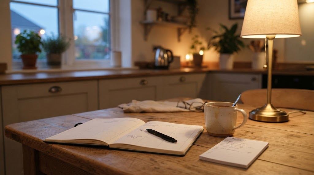 Sunday evening kitchen table with an open weekly planner and a warm mug of tea