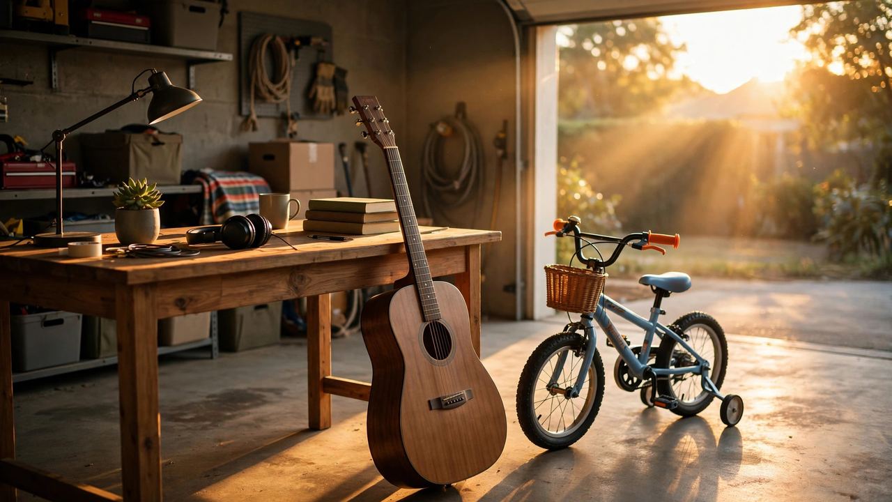 Acoustic guitar leaning against a desk next to a child's bicycle in a garage at golden hour