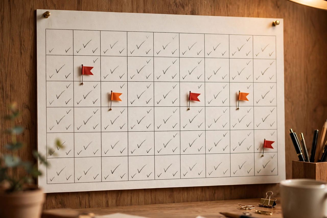 Wall calendar marking a 90-day ERP adoption plan with milestone flags