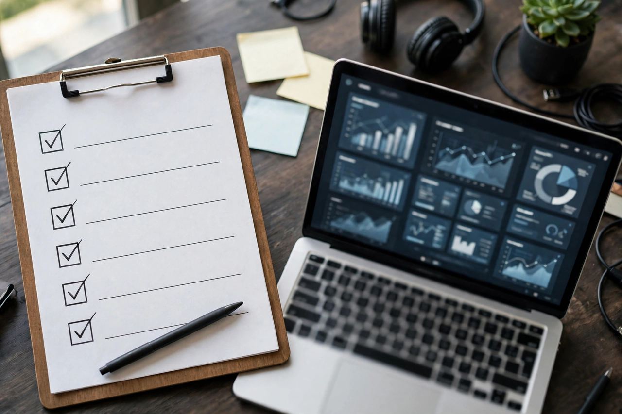 Checklist clipboard beside a laptop showing a business software dashboard