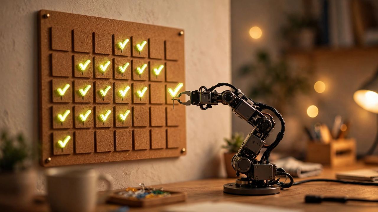Small robot arm pinning a glowing green checkmark onto a cork task board, symbolizing automated task completion