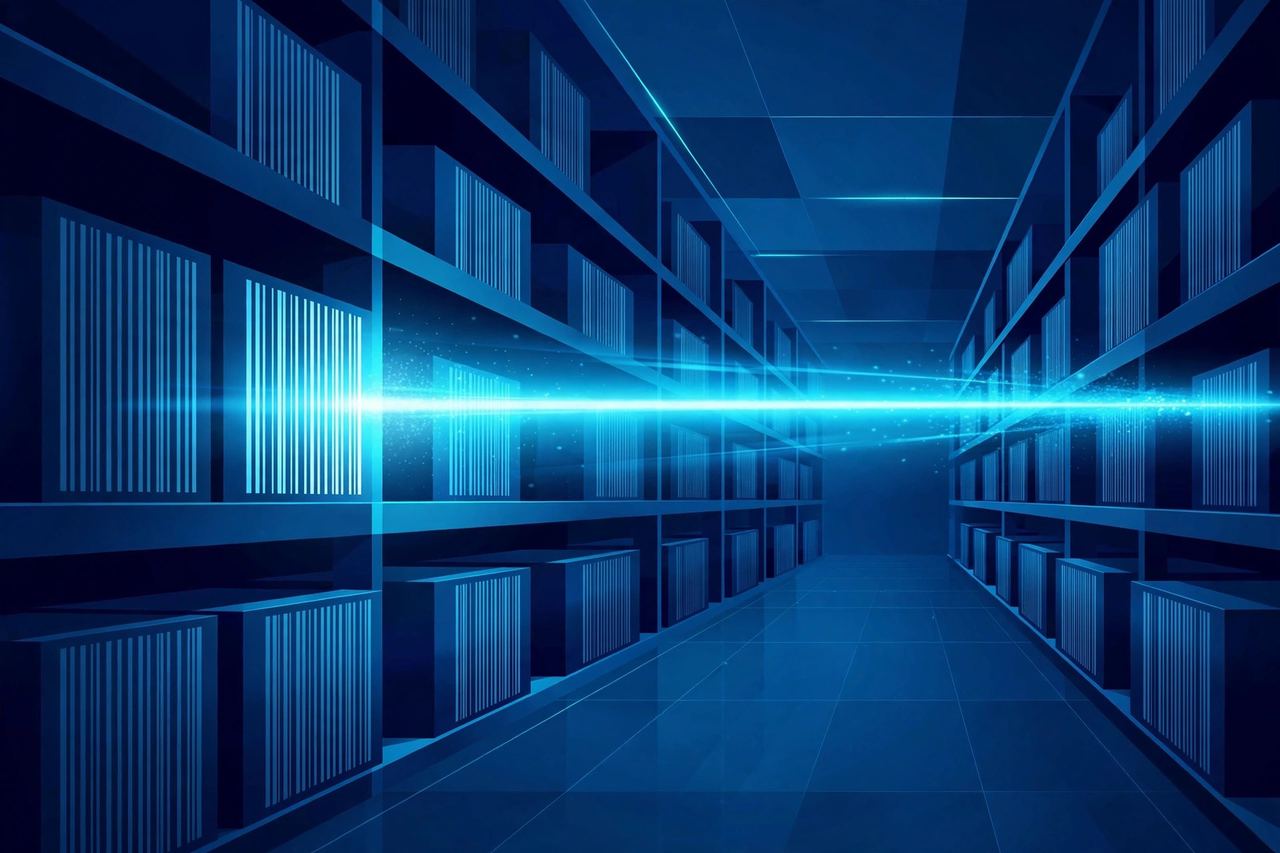 A digital warehouse aisle with glowing blue barcode scan beams sweeping across stocked shelving