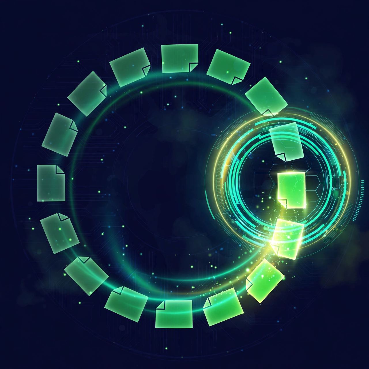 Green document icons spiraling into a glowing circular workflow dashboard