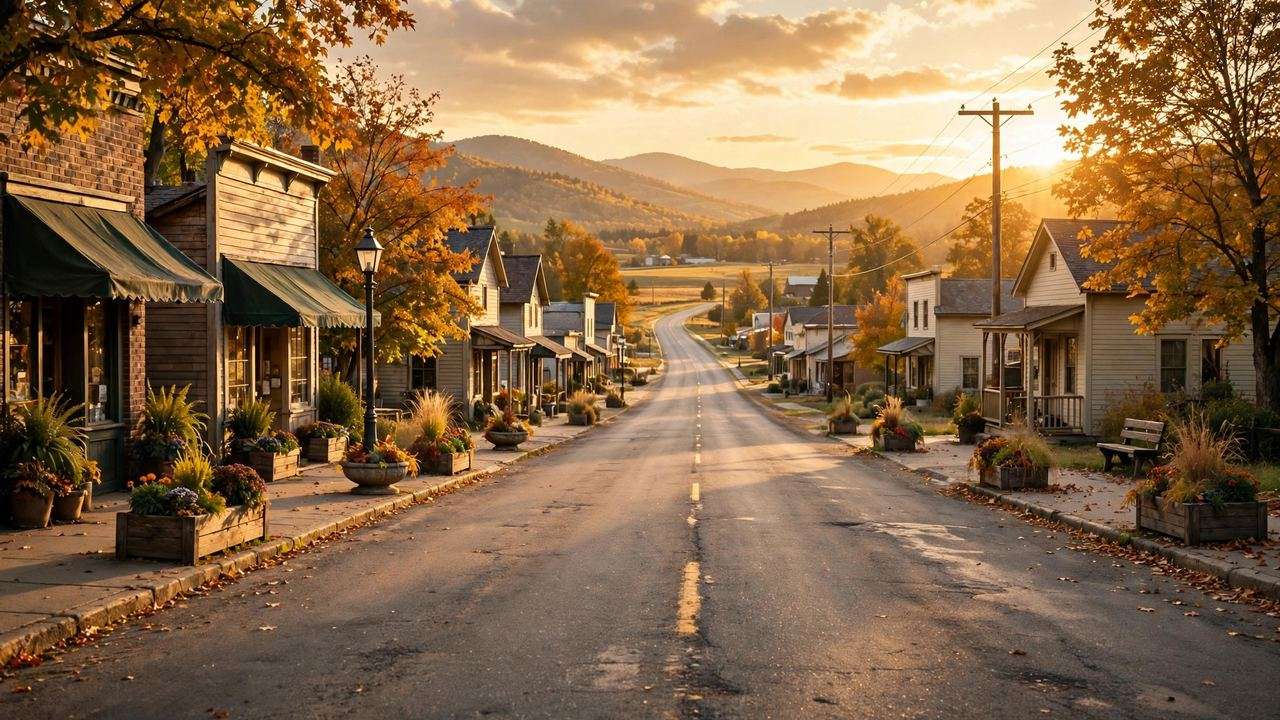 Open road through a small American town at golden hour