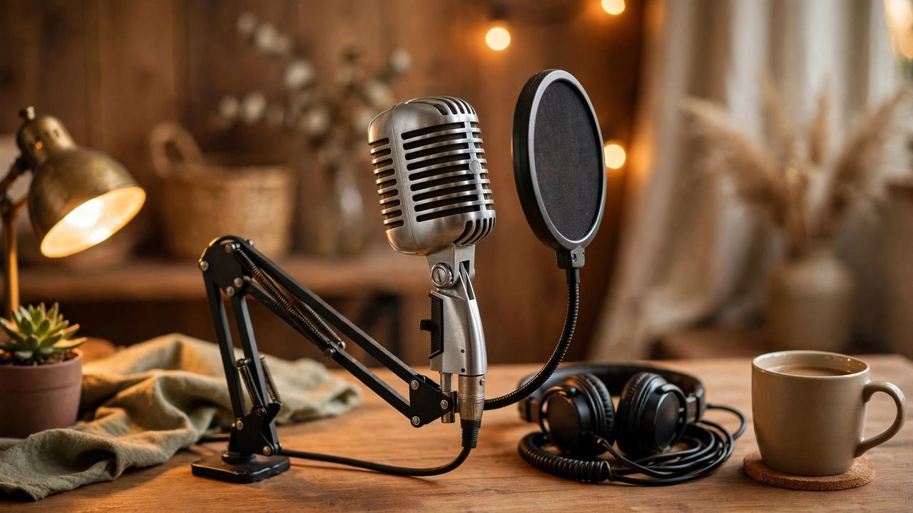 Vintage microphone on a podcast desk