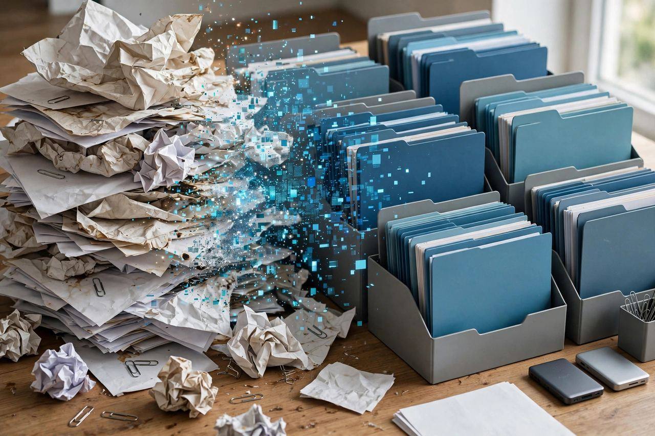 Messy paper records transforming into an organized digital database