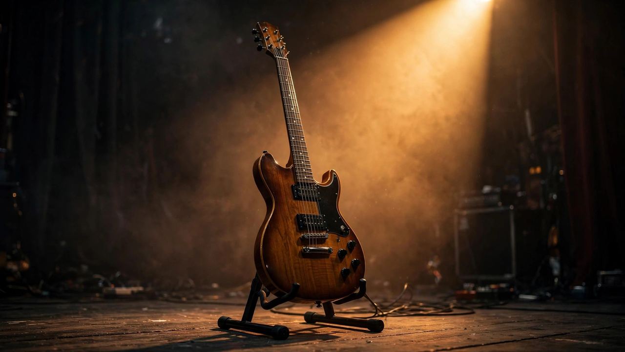 Electric guitar on a stand under a warm stage spotlight