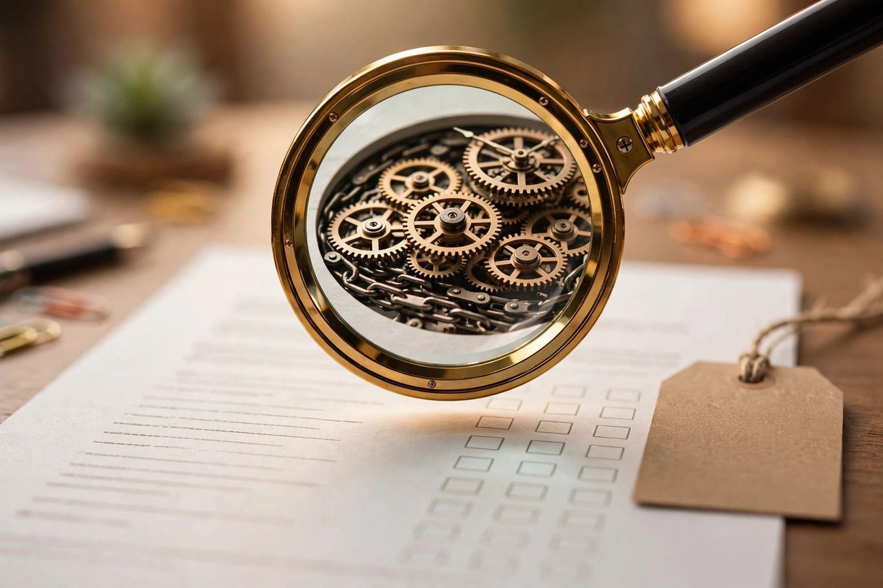 Magnifying glass revealing hidden costs beneath a low price tag on a contract