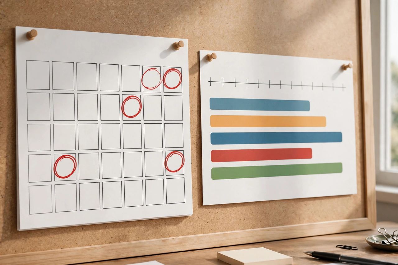 Wall calendar with red deadline circles and a project timeline